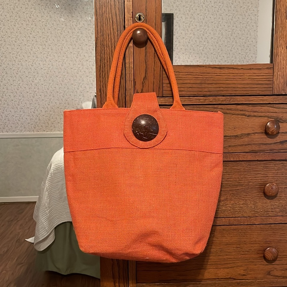 Chic Orange Tote Bag with Wooden Accent